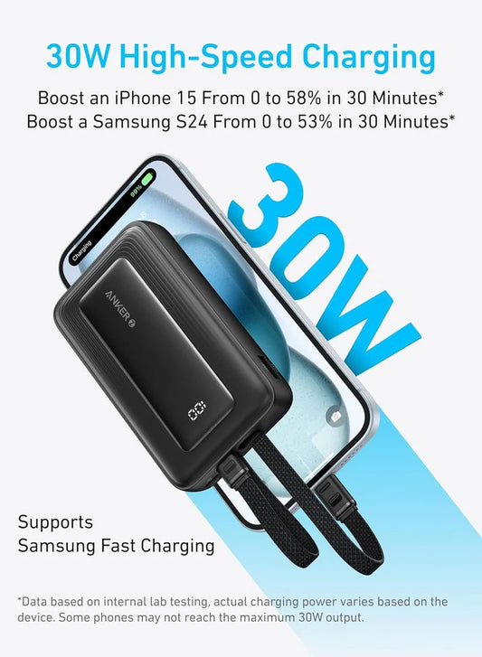 anker 10000 mAh Zolo Power Bank, 30W Max with Built-In USB-C and Lightning Cables