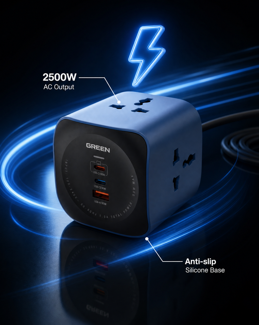 Green 6 in 1 Power Socket Desktop Charger 65W USB-C 1 year warranty