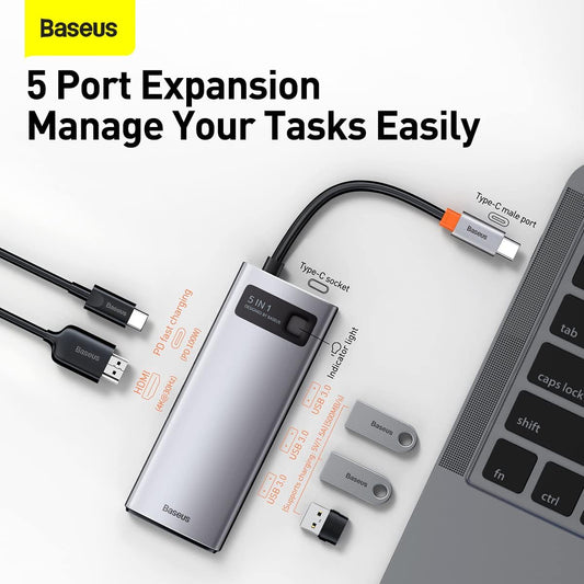 Baseus metal gleam series 5-in-1 multifunctional type-c hub docking station gray