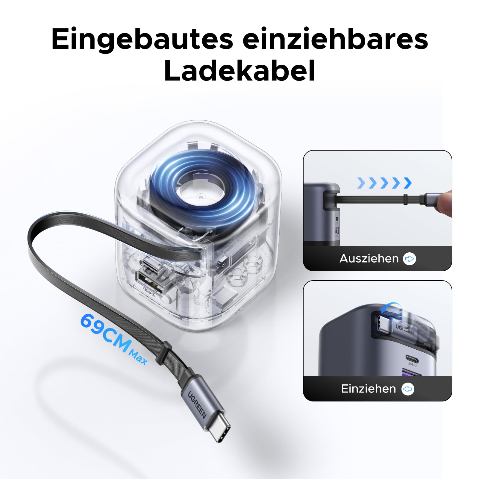 Built-in 70cm retractable USB-C cable
