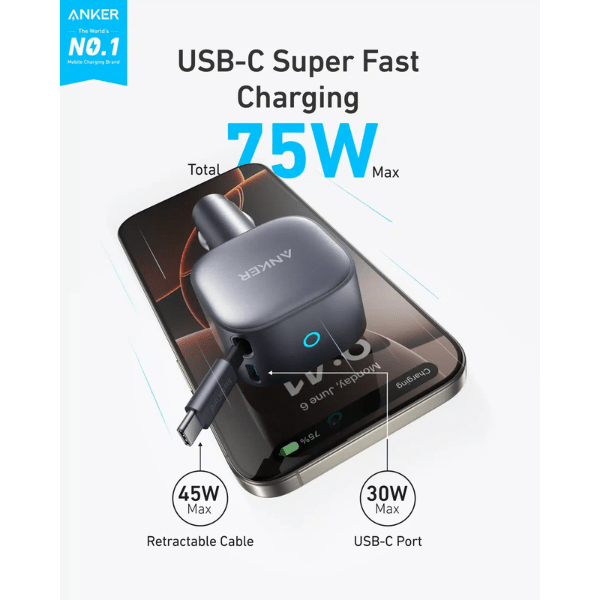 Anker Nano 75W car charger plugged in car